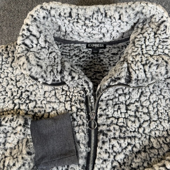 Express Other - Express Mens Gray Sherpa Fleece Quarter Zip Pullover‎ Faux Fur Jacket XS #3606